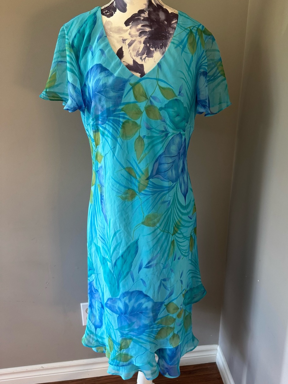 Y2K Jessica Aqua Blue Floral V-Neck Chiffon Dress